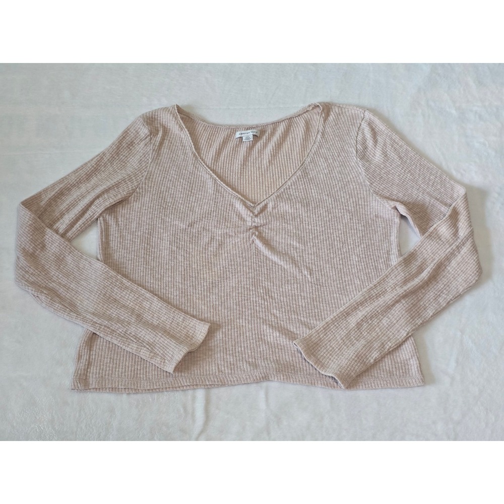 American Eagle Ribbed V-Neck Cinched Long Sleeve Top Beige Large Y2K
